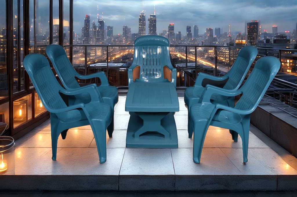 Mughal-e-Azam High Back Plastic Chair Set with BP-335 Double Shelf Table thumbnail 2