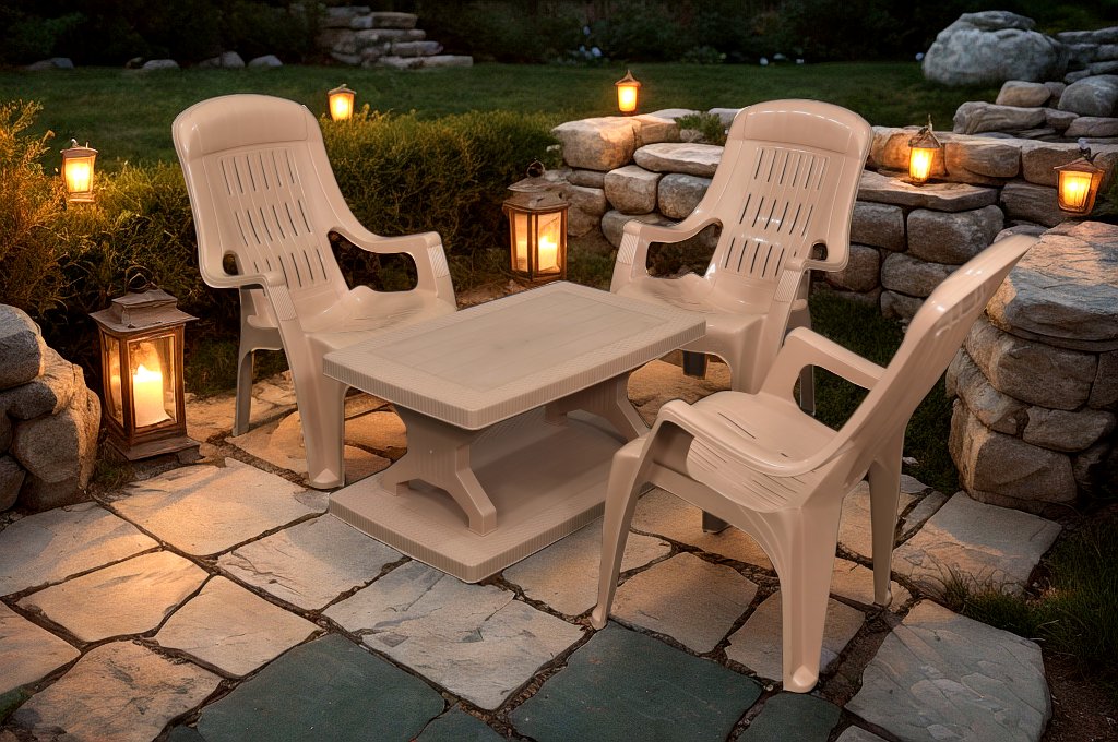 Mughal-e-Azam High Back Plastic Chair Set with BP-335 Double Shelf Table