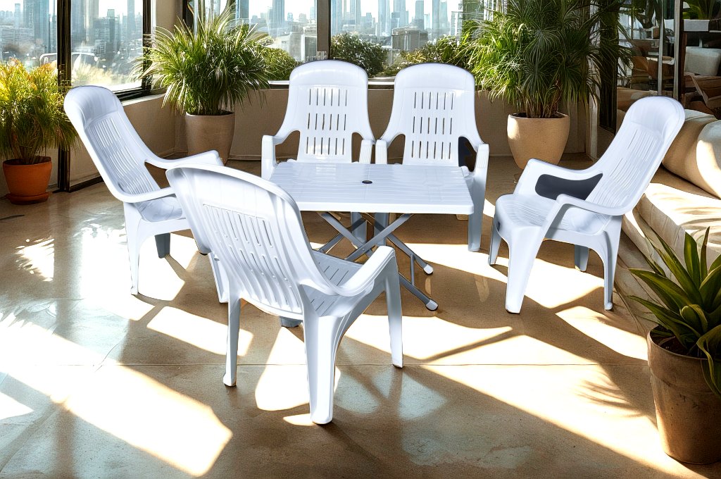 Mughal-e-Azam High Back Plastic Chair Set with BP-214-s Folding Steel Plastic Table White Color